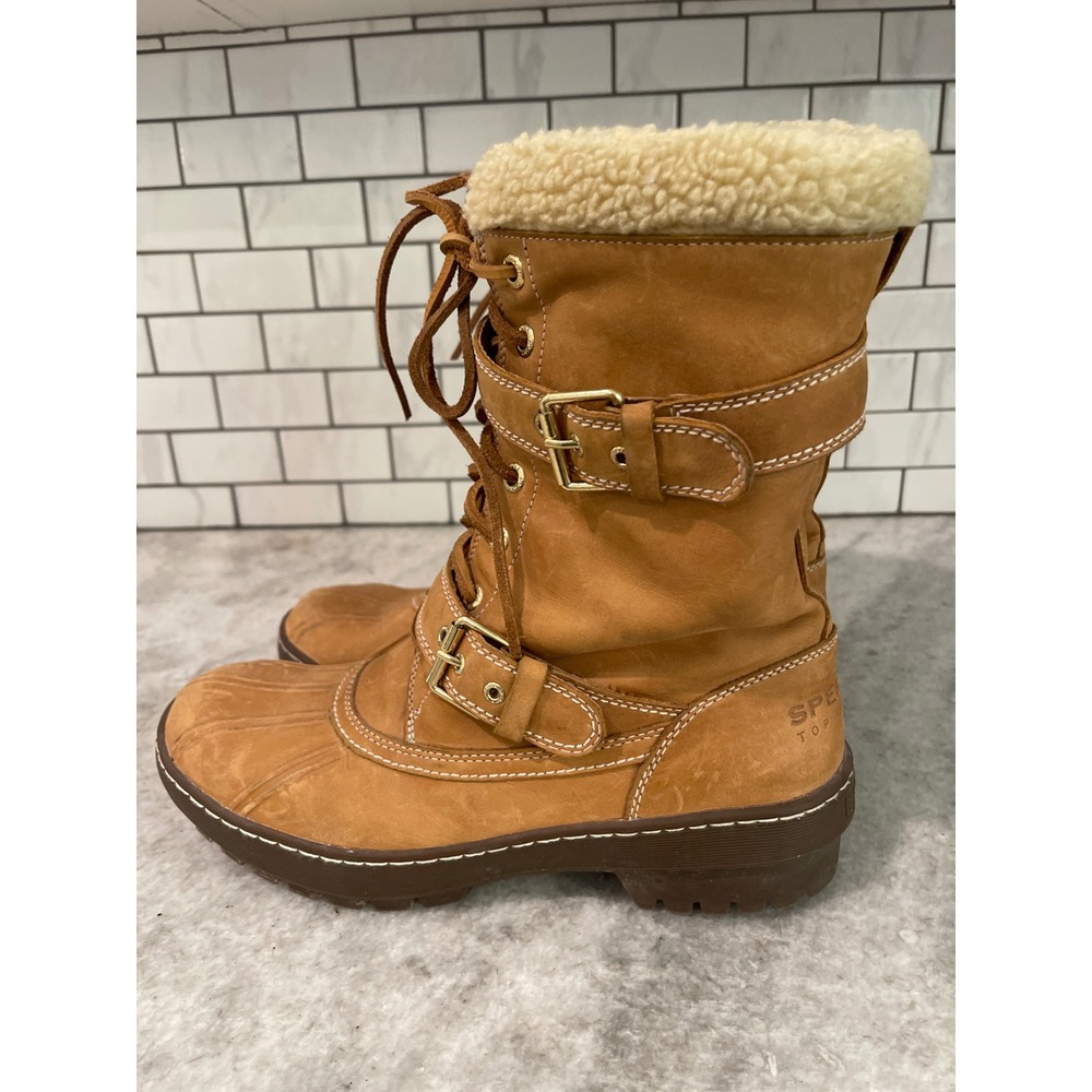 Sperry Boots Womens 11 Tan Leather Shearling Lined Thinsulate Duck Boots Buckle - Picture 3 of 9